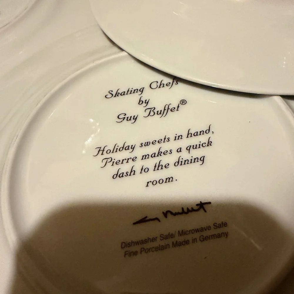 Guy Buffet Salad Plates Skating Chefs Whimsical Kitchen Set of 6 White multi